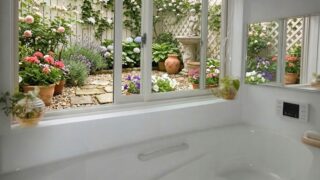 福岡注文住宅・おしゃれな・浴室・庭を望む半露天風